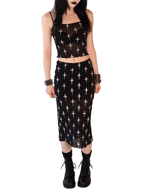 LIP SERVICE DAGGER PRINT MIDI SKIRT LS-213