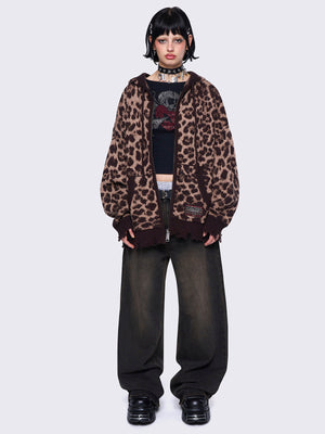 MINGA LONDON LEOPARD KNITTED ZIP-UP HOODIE