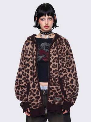 MINGA LONDON LEOPARD KNITTED ZIP-UP HOODIE