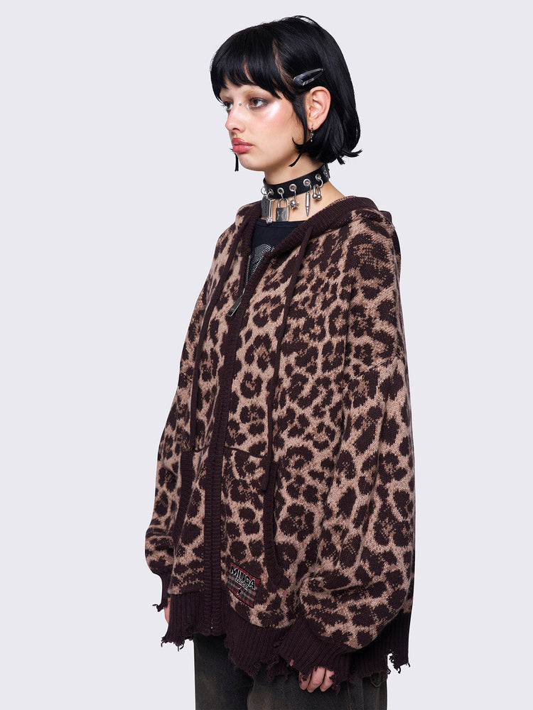 MINGA LONDON LEOPARD KNITTED ZIP-UP HOODIE