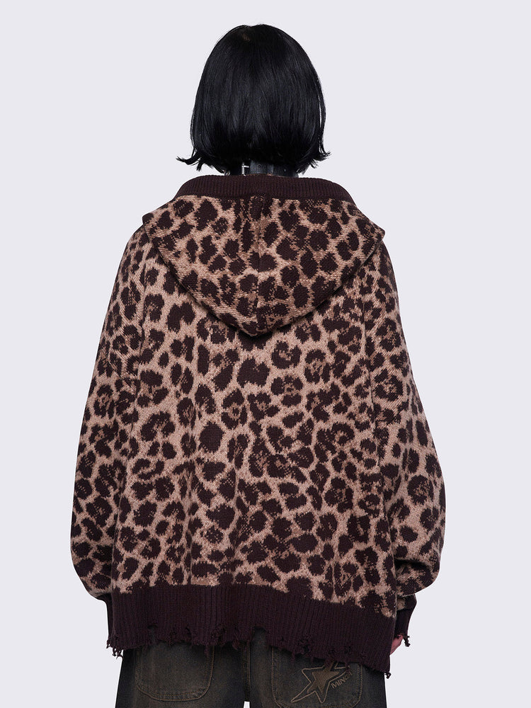 MINGA LONDON LEOPARD KNITTED ZIP-UP HOODIE