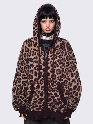 MINGA LONDON LEOPARD KNITTED ZIP-UP HOODIE