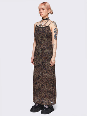 MINGA LONDON NALA LEOPARD MESH MAXI DRESS