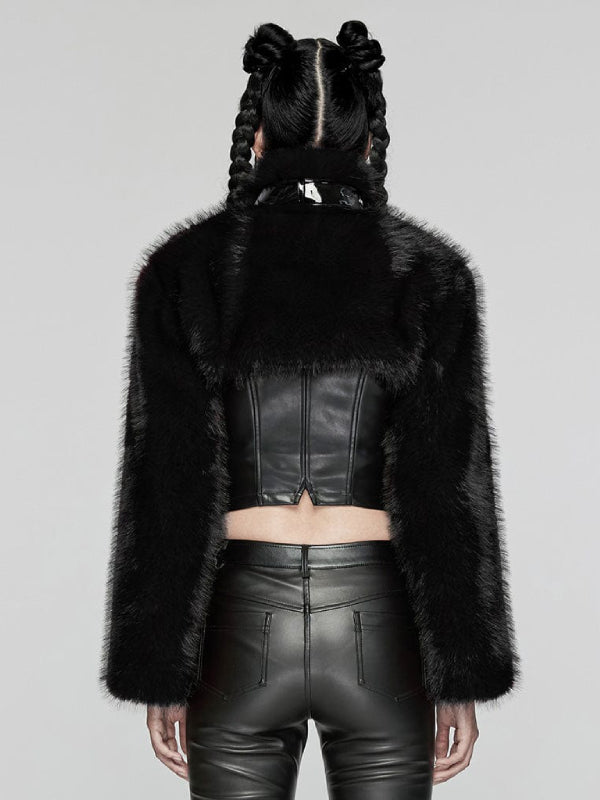 PUNK RAVE BLACK CROP FAUX FUR COAT WY-1664XDF