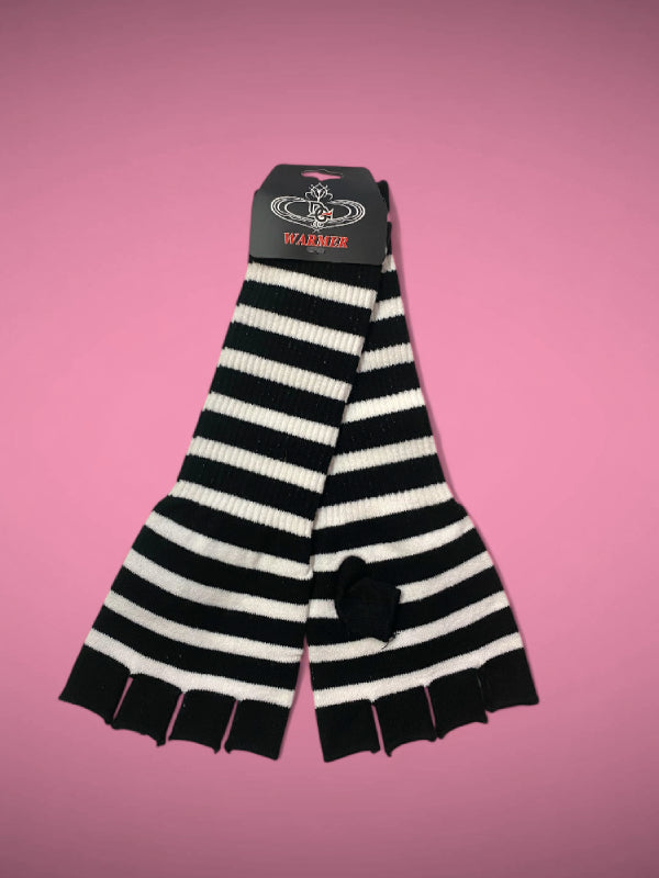 BLACK WHITE STRIPES FINGERLESS GLOVES