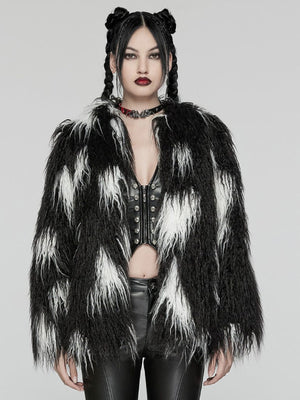 PUNK RAVE BLACK WHITE FAUX FUR COAT WY-1668XCF