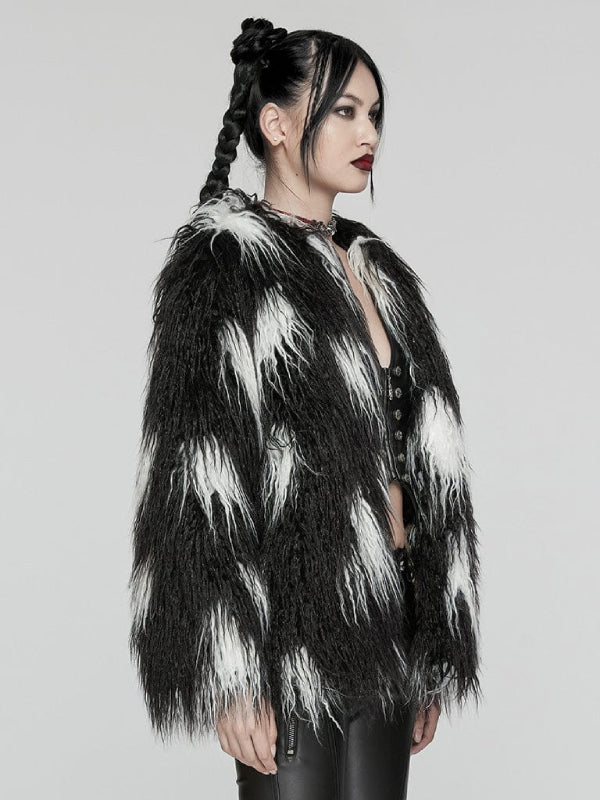 PUNK RAVE BLACK WHITE FAUX FUR COAT WY-1668XCF