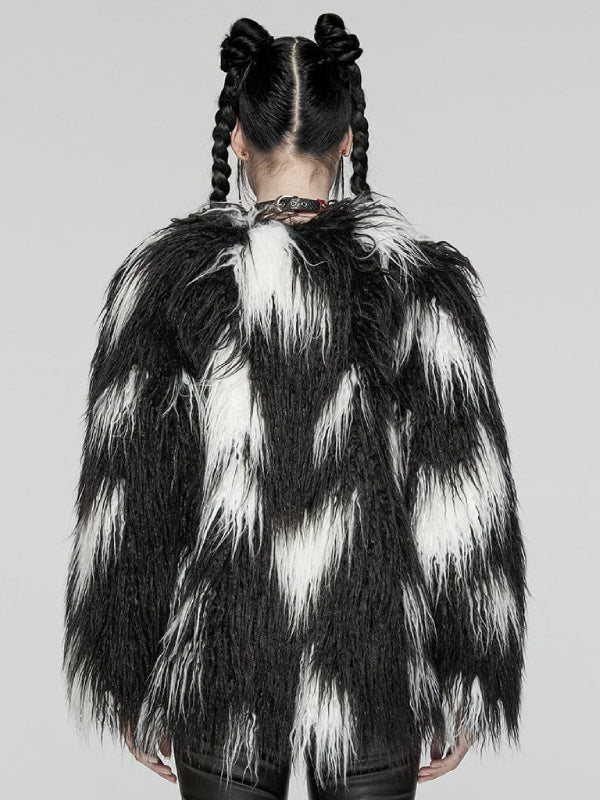 PUNK RAVE BLACK WHITE FAUX FUR COAT WY-1668XCF