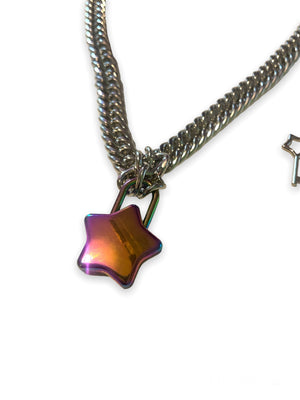 FUNK PLUS STAR LOCK CHAIN NECKLACE FC393 RAINBOW