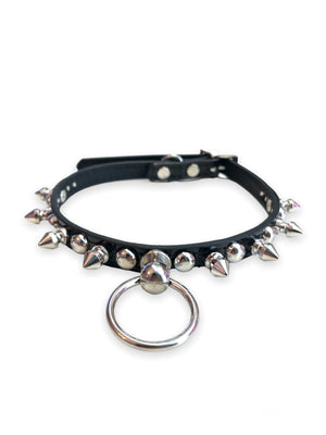 FUNK PLUS BLACK PATENT SLIM CHOKER WITH ROUND STUDS, SPIKES AND RING FCK444