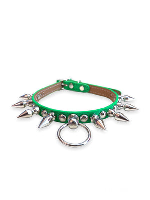 FUNK PLUS GREEN CHOKER WITH ROUND STUDS, SPIKES AND RING FCK446 STITCHED