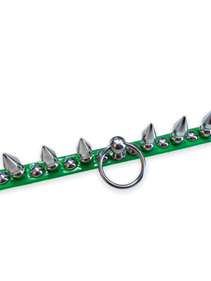 FUNK PLUS GREEN CHOKER WITH ROUND STUDS, SPIKES AND RING FCK446 STITCHED