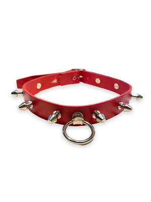 RED CHOKER WITH SPIKES AND RING