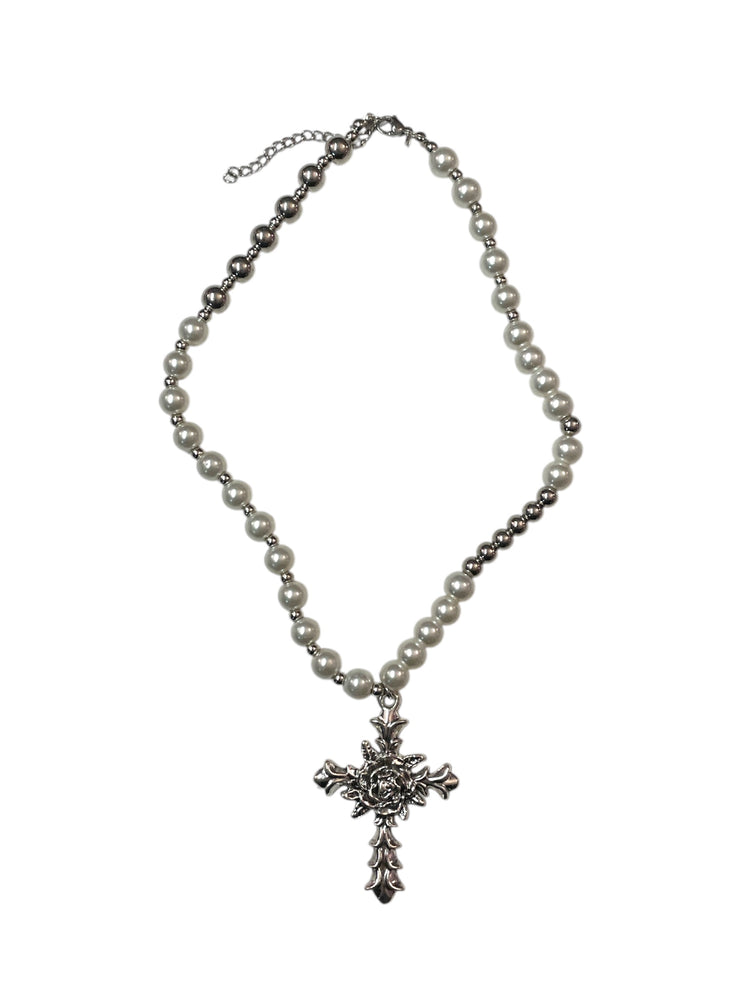 PEARL ROSE CROSS NECKLACE