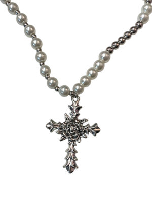 PEARL ROSE CROSS NECKLACE