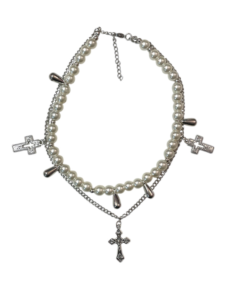 PEARL DROP NECKLACE WITH DOUBLE LAYER CROSS CHAIN