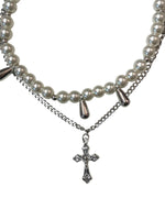 PEARL DROP NECKLACE WITH DOUBLE LAYER CROSS CHAIN