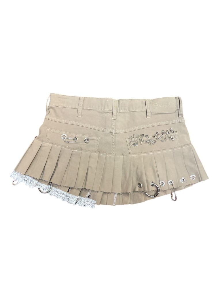 INDYANNA BEIGE JEANS SKIRT WITH WHITE LACE, EYELETS, RINGS AND PENDANTS