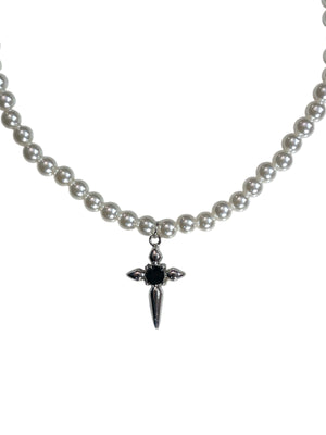 PEARL NECKLACE CROSS WITH BLACK RHINESTONE