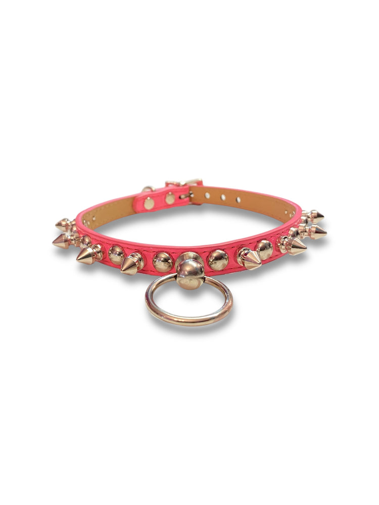 FUNK PLUS HOT PINK SLIM CHOKER WITH ROUND STUDS, SPIKES AND RING FCK444