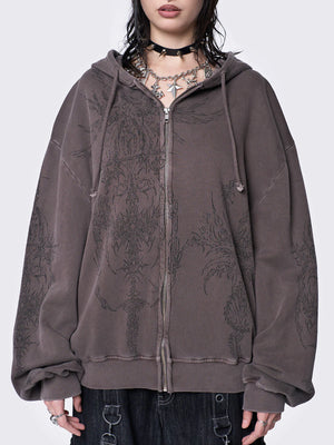 MINGA LONDON ENIGMATIC BROWN WASH OVERSIZED ZIP UP HOODIE