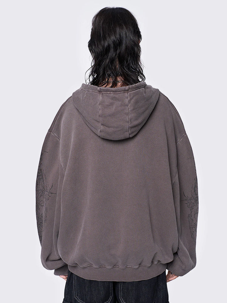 MINGA LONDON ENIGMATIC BROWN WASH OVERSIZED ZIP UP HOODIE