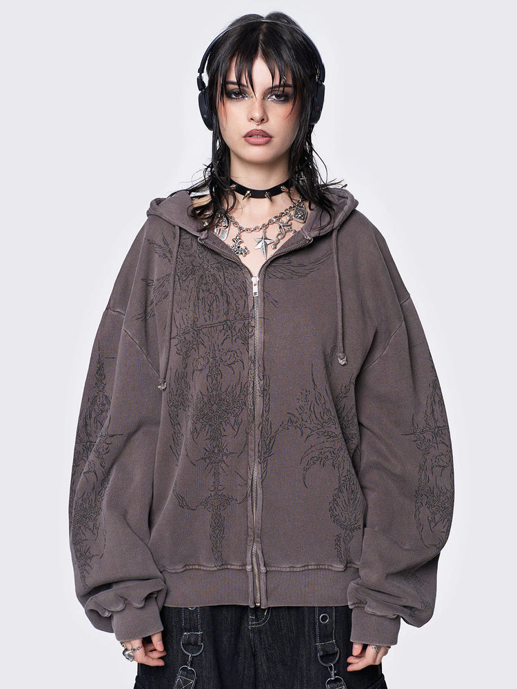 MINGA LONDON ENIGMATIC BROWN WASH OVERSIZED ZIP UP HOODIE