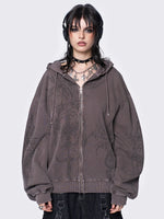 MINGA LONDON ENIGMATIC BROWN WASH OVERSIZED ZIP UP HOODIE