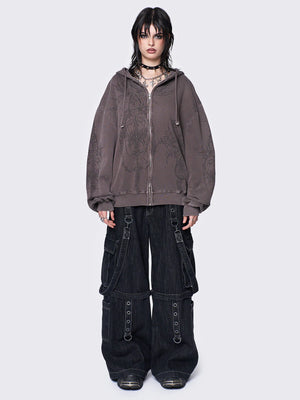 MINGA LONDON ENIGMATIC BROWN WASH OVERSIZED HOODIE MIT REISSVERSCHLUSS