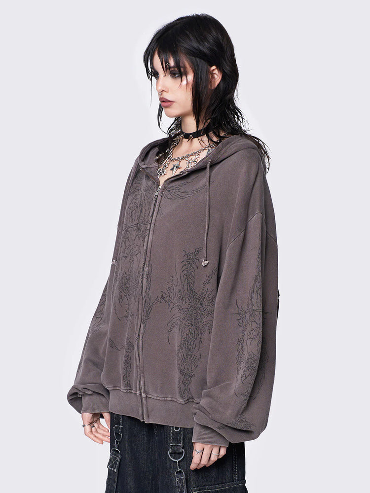 MINGA LONDON ENIGMATIC BROWN WASH OVERSIZED ZIP UP HOODIE