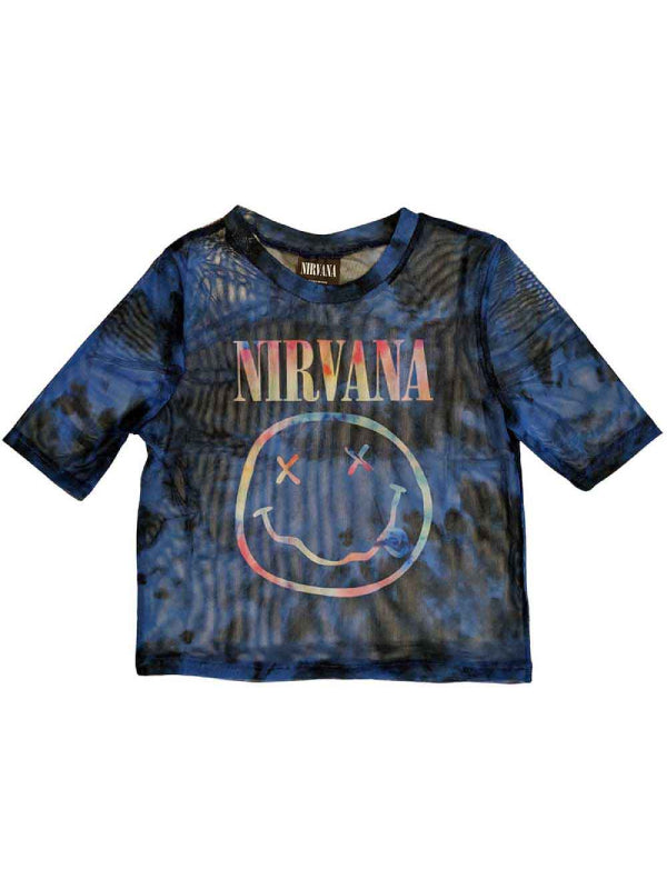 NIRVANA YELLOW HAPPY FACE MESH CROP BLUE