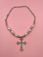 PEARLS, FAKE DIAMONDS AND CROSS NECKLACE