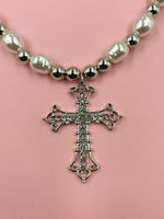 PEARLS, FAKE DIAMONDS AND CROSS NECKLACE